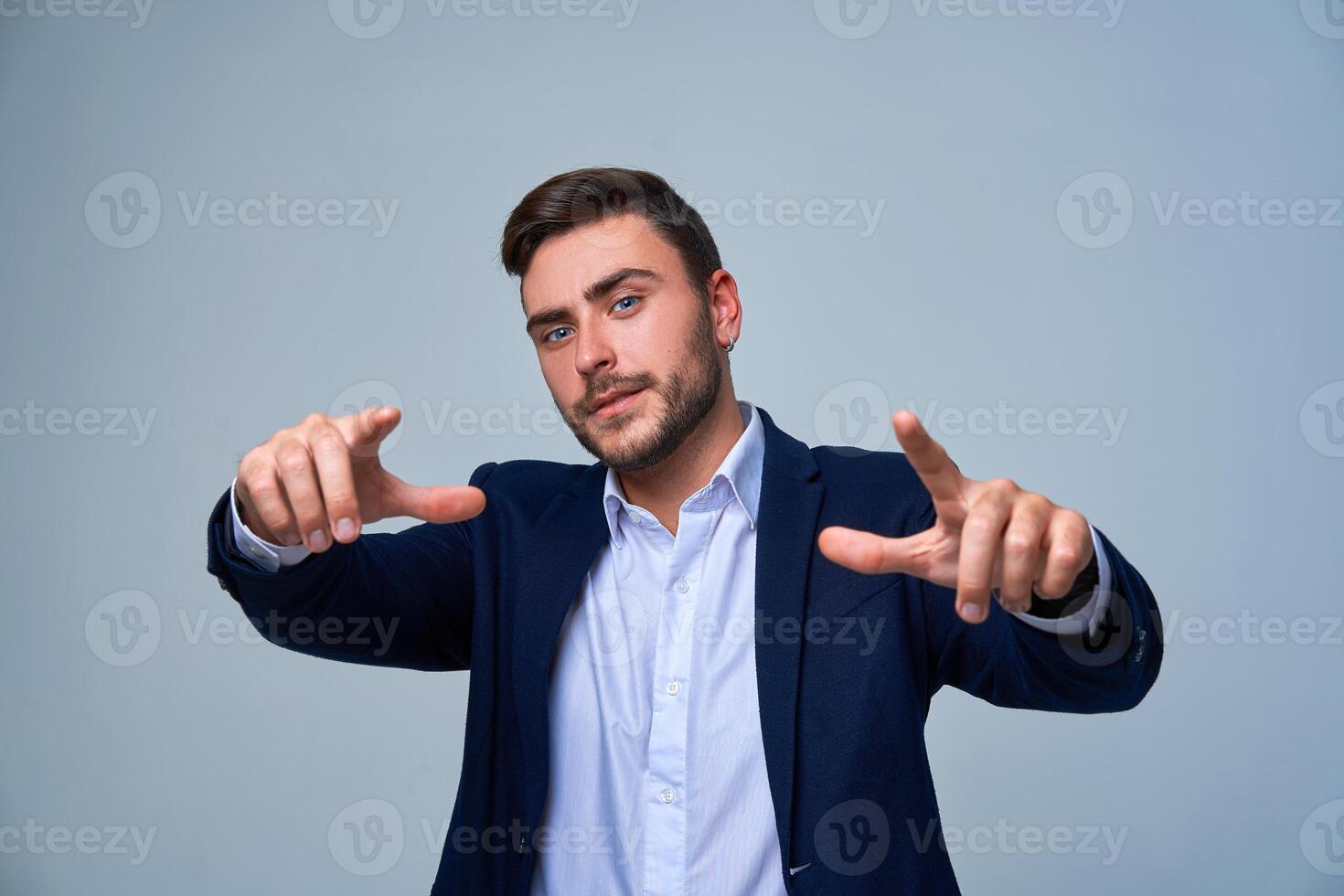 Close up portrait young man businessman. Caucasian guy business suit studio gray background. photo