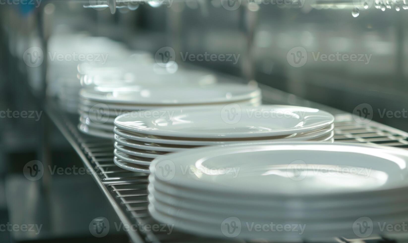 ai generado cerca arriba de limpiar blanco platos en un fila en un comida fábrica foto