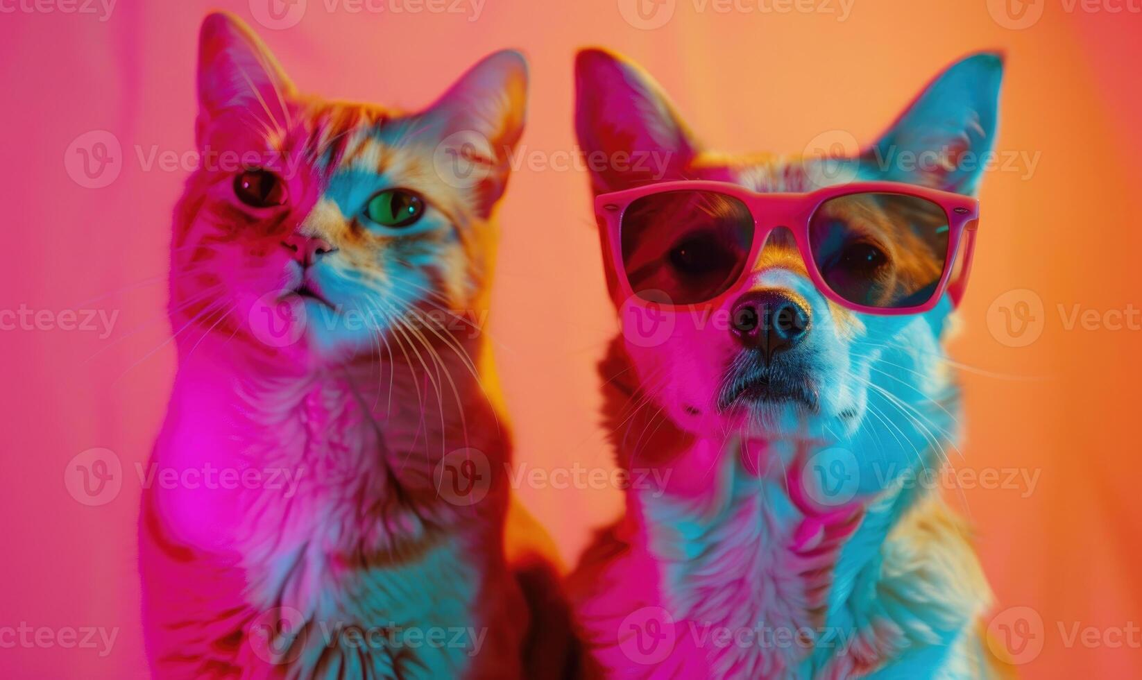 ai generado retrato de un gato y un perro con Gafas de sol en un de colores antecedentes foto