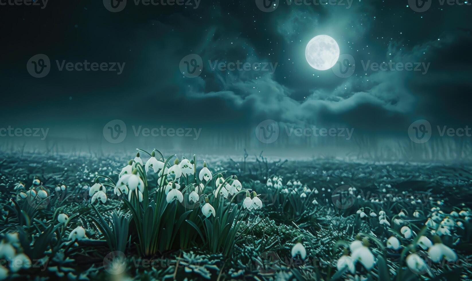 AI generated Snowdrops in a meadow under the moonlight photo