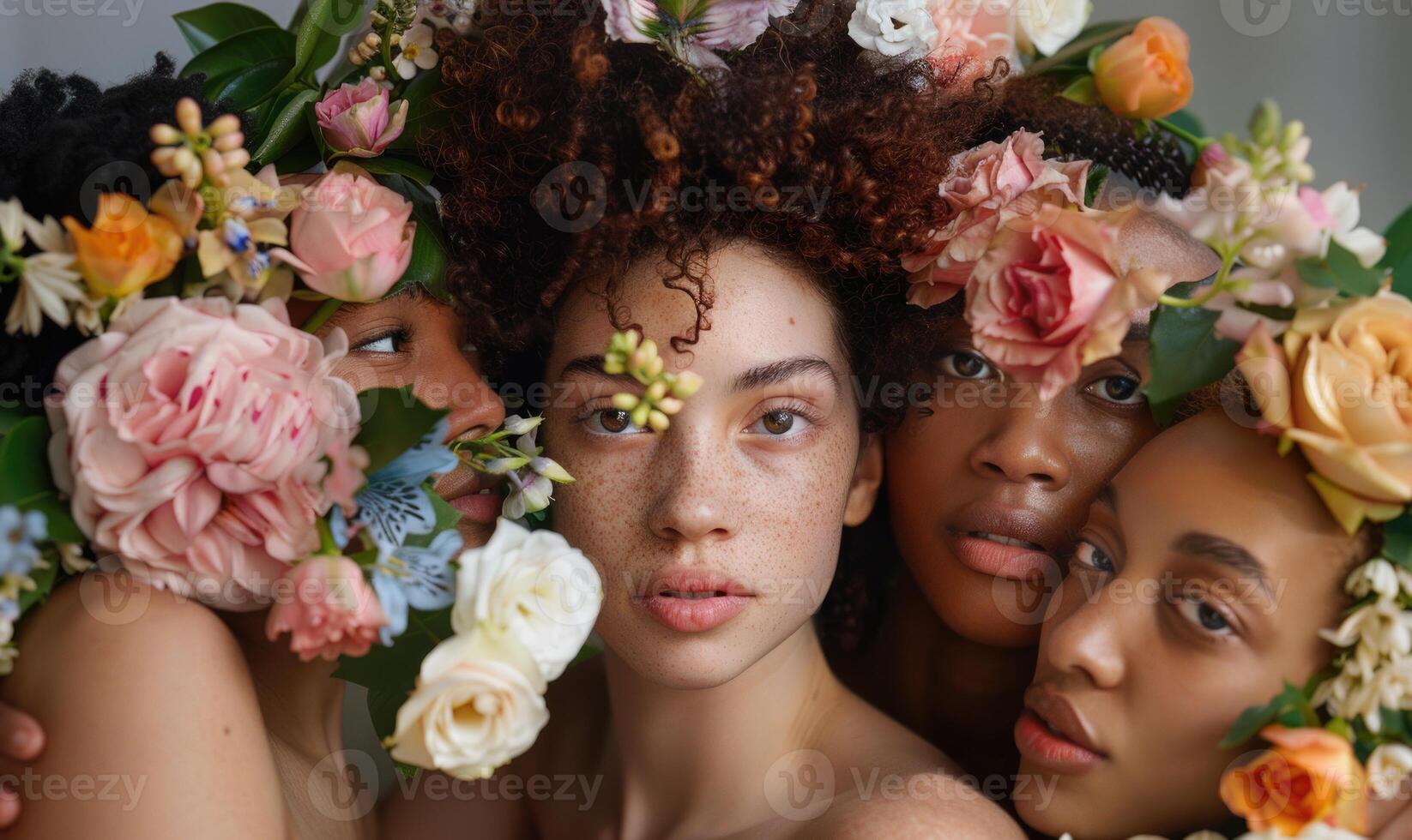 AI generated Portrait of beautiful women with makeup and flowers in hair looking at camera photo