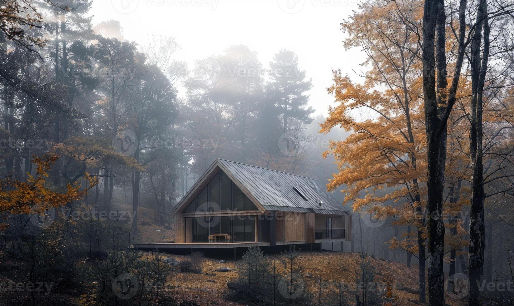 ai generado Mañana niebla envolvente un contemporáneo de madera cabina oculto profundo dentro un primavera jardín lleno con floreciente iris y lirios foto