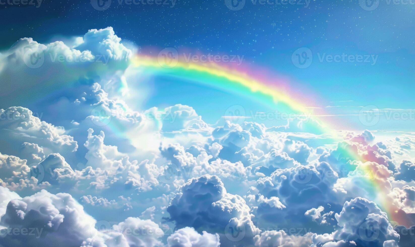 AI generated Rainbow in the blue sky with clouds and rainbow. photo