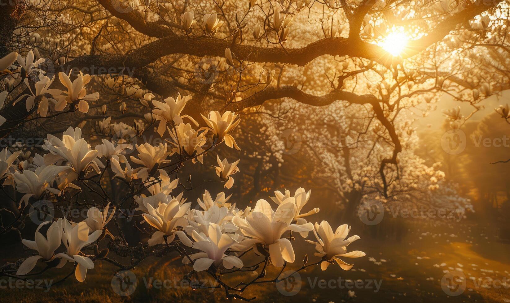 AI generated Magnolia tree in full bloom under the golden light of sunrise photo