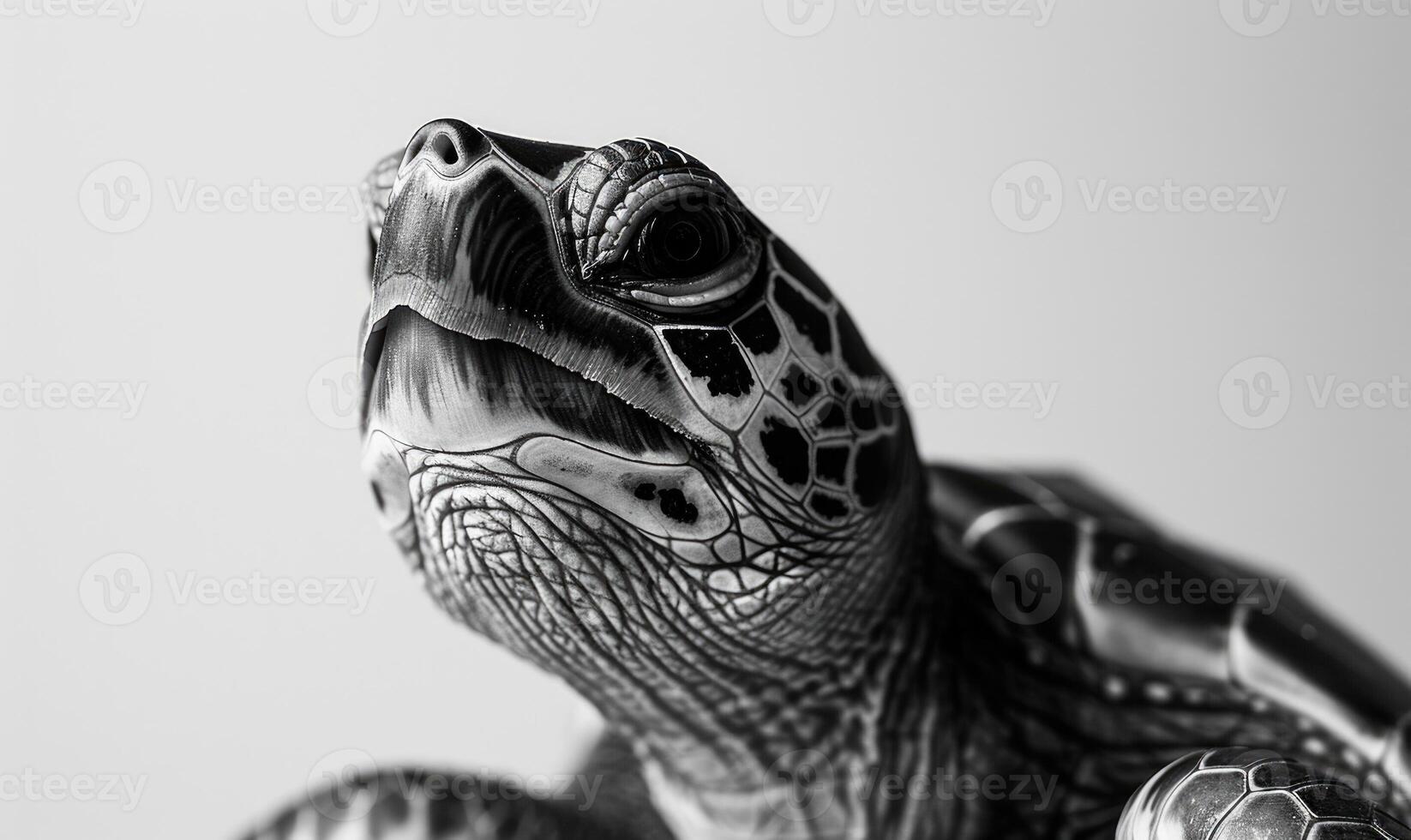 AI generated turtle on white background, close-up, black and white photo