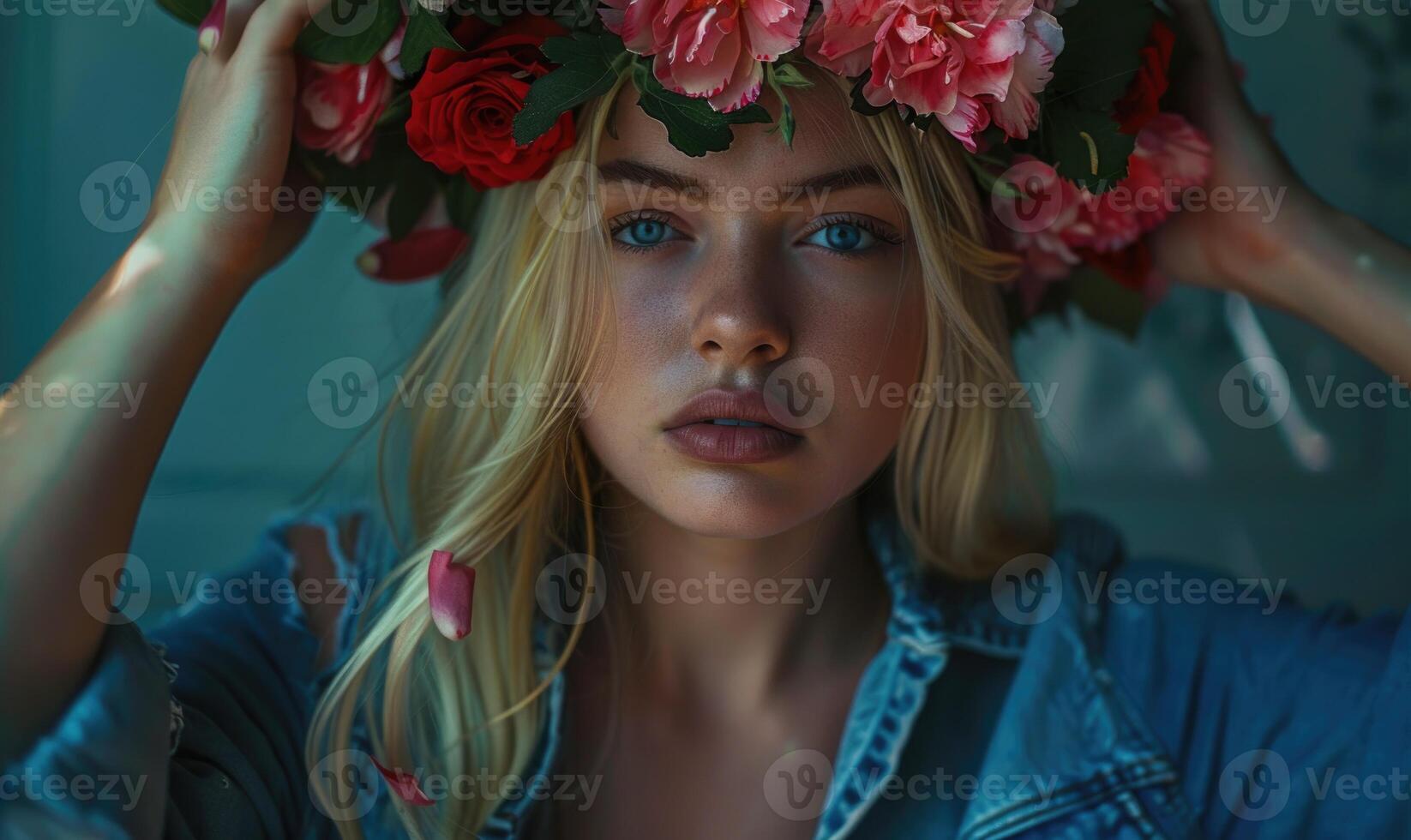 AI generated Beautiful young woman in a wreath of flowers on her head photo