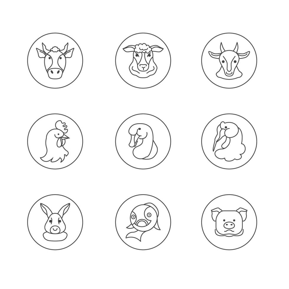 animal head linear icons set. Outline vector symbol collection, linear style pictogram pack.