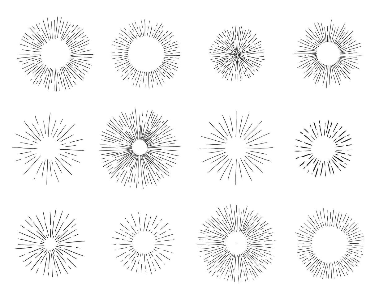 Set of sunbursts, explosion effects, vintage doodles isolated on white background vector