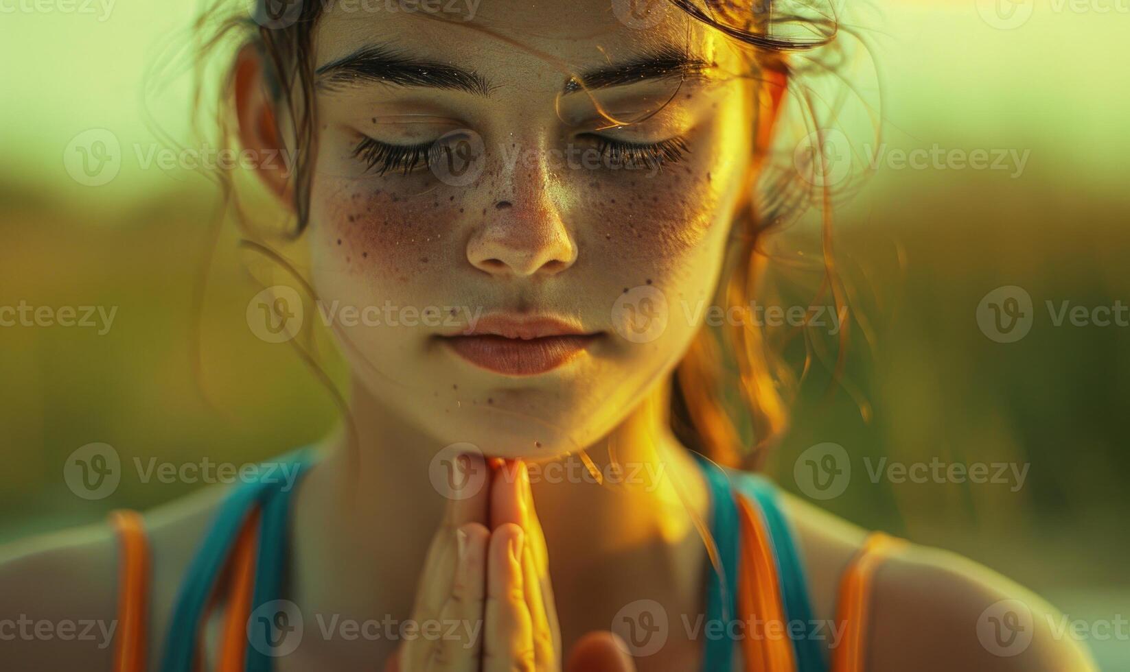AI generated Young woman meditating in nature at sunset. Close-up. photo