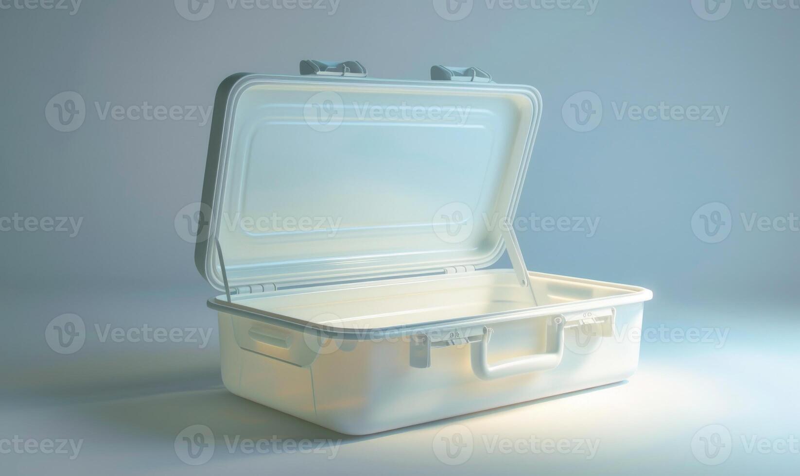 AI generated Travel suitcase on wheels in front of a white wall with shadow. photo