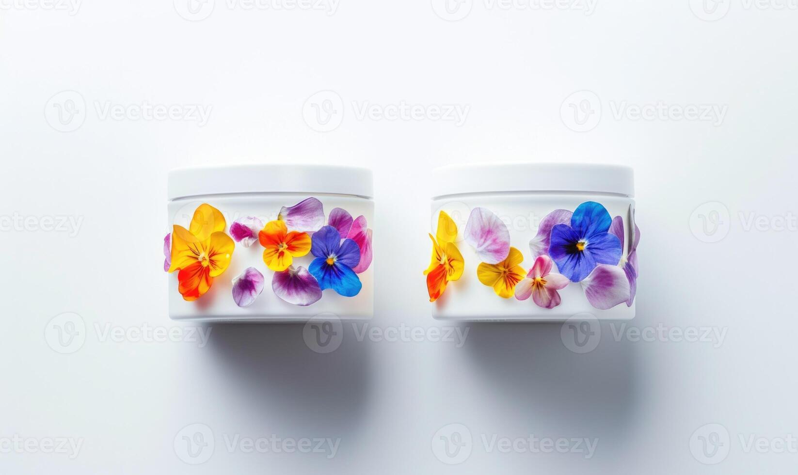 AI generated Two creme jar blank mockups adorned with colorful flower petals. White background photo