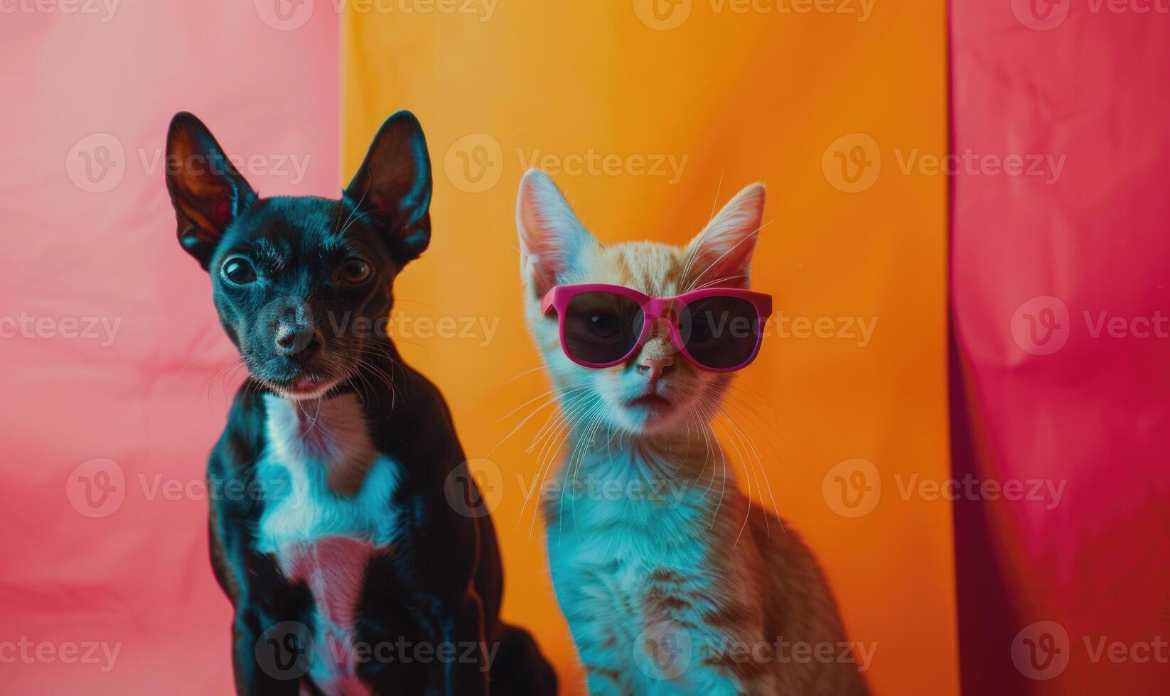 ai generado gato y perro en rosado Gafas de sol en un de colores antecedentes. estudio disparo. foto