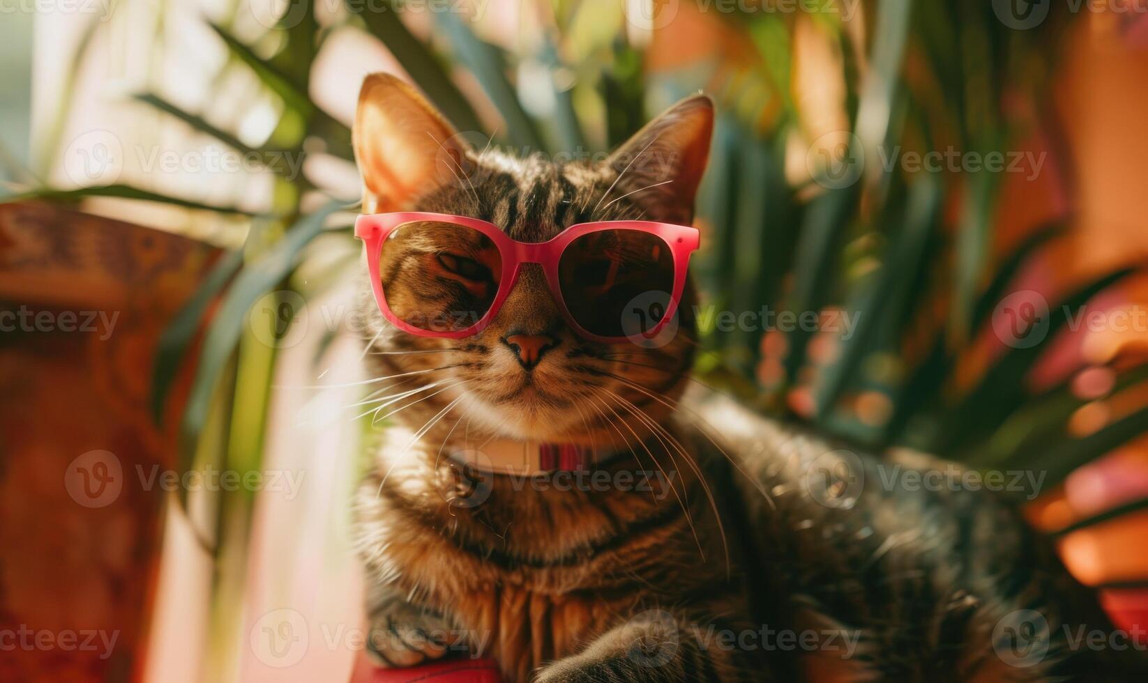 AI generated Cute cat wearing sunglasses lying on sofa in living room at home photo