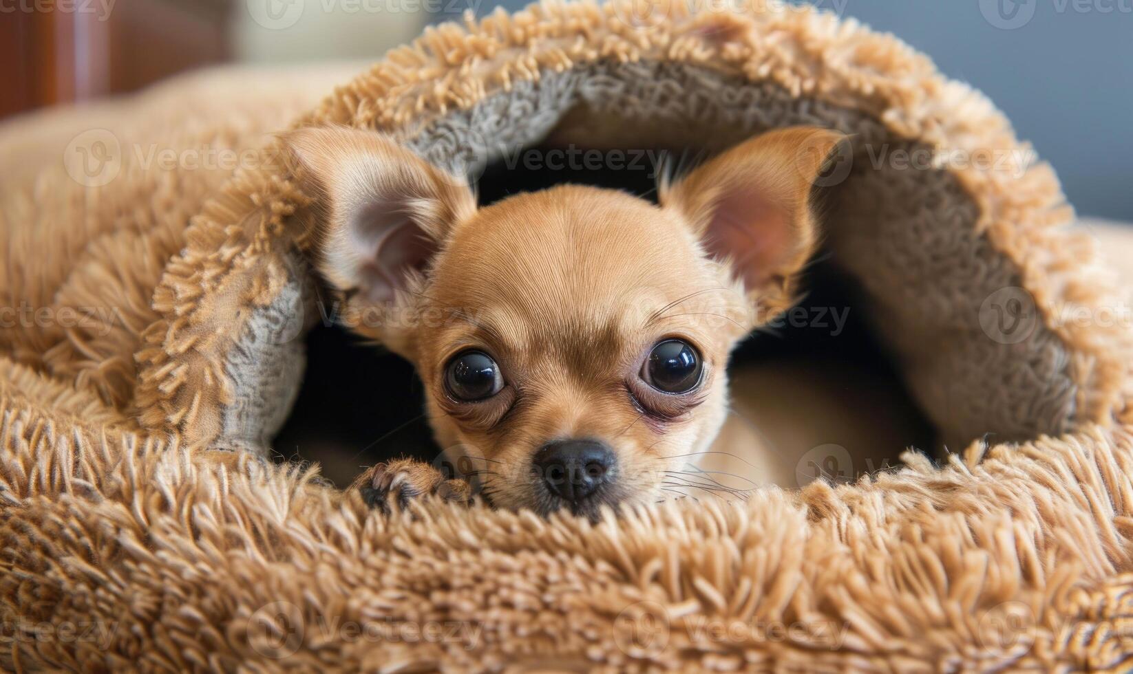AI generated Small Chihuahua puppy peeking out from a cozy dog bed photo