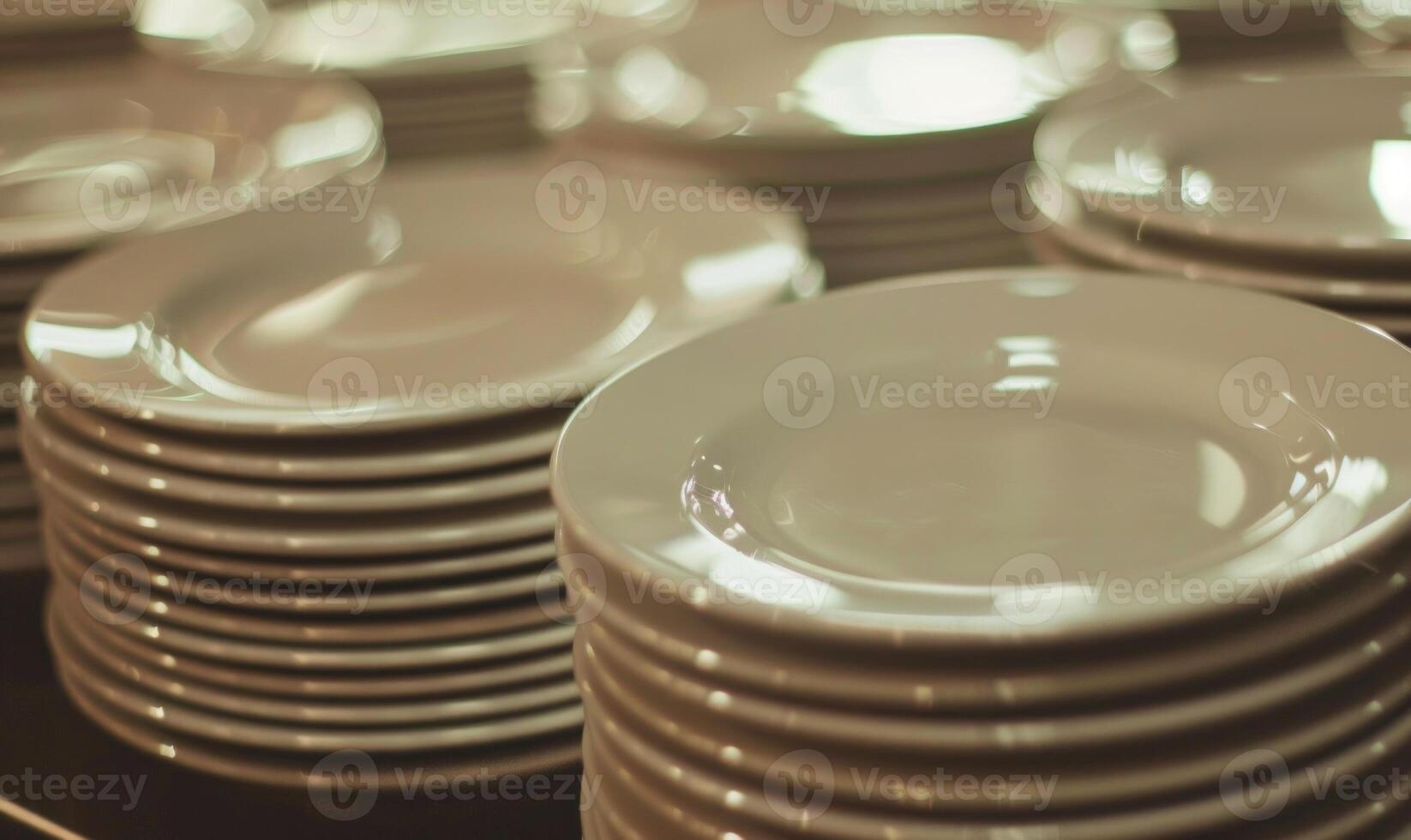 AI generated Close up of a stack of porcelain plates in a restaurant photo