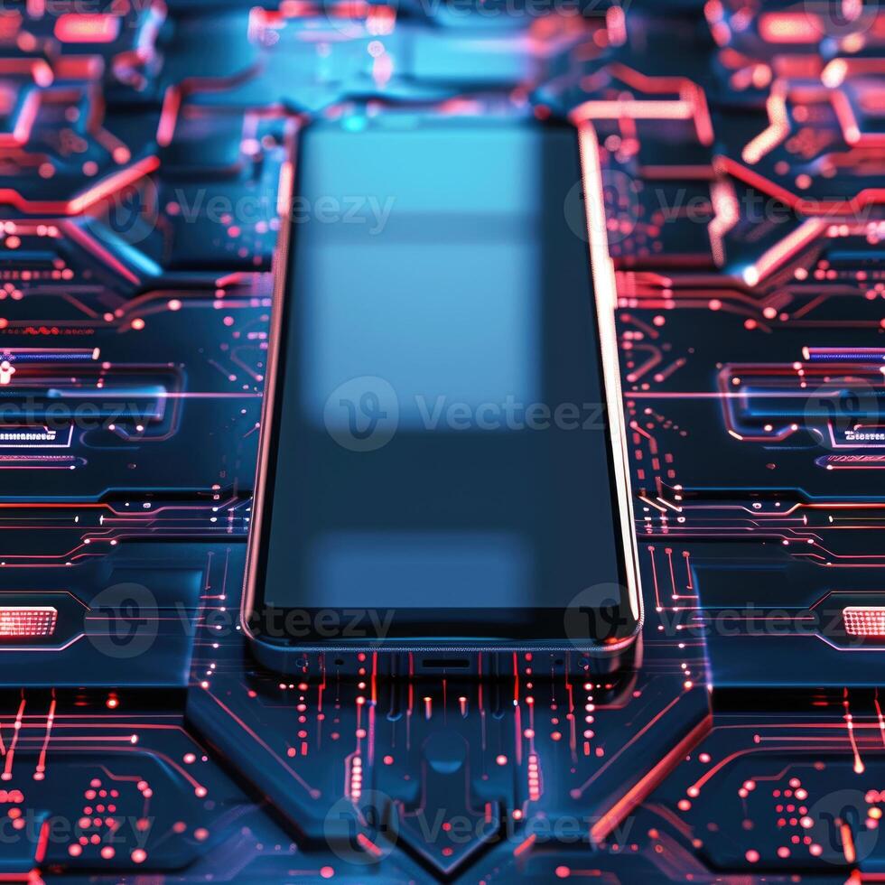 AI generated Smartphone mockup with a blank screen on a futuristic technology background photo