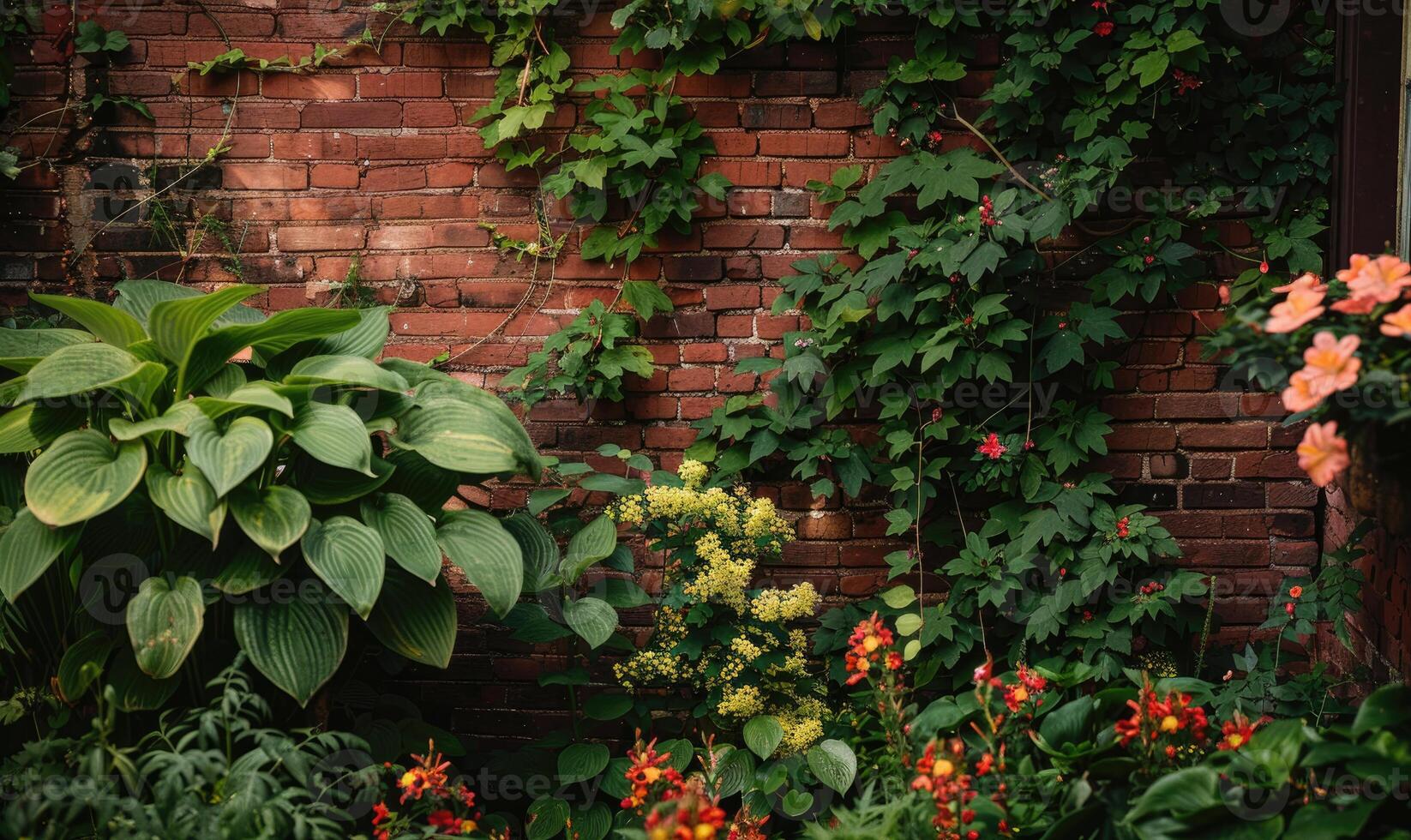 AI generated Beautiful orange roses in the garden on brick wall background with copy space photo