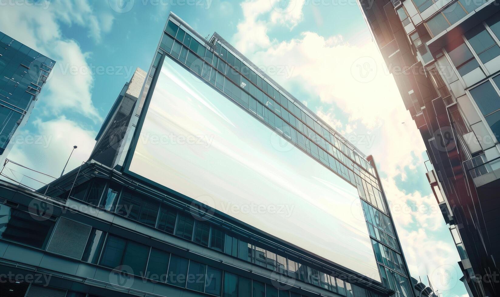 AI generated Blank screen banner mockup displayed on the modern building facade. Close Up view. photo