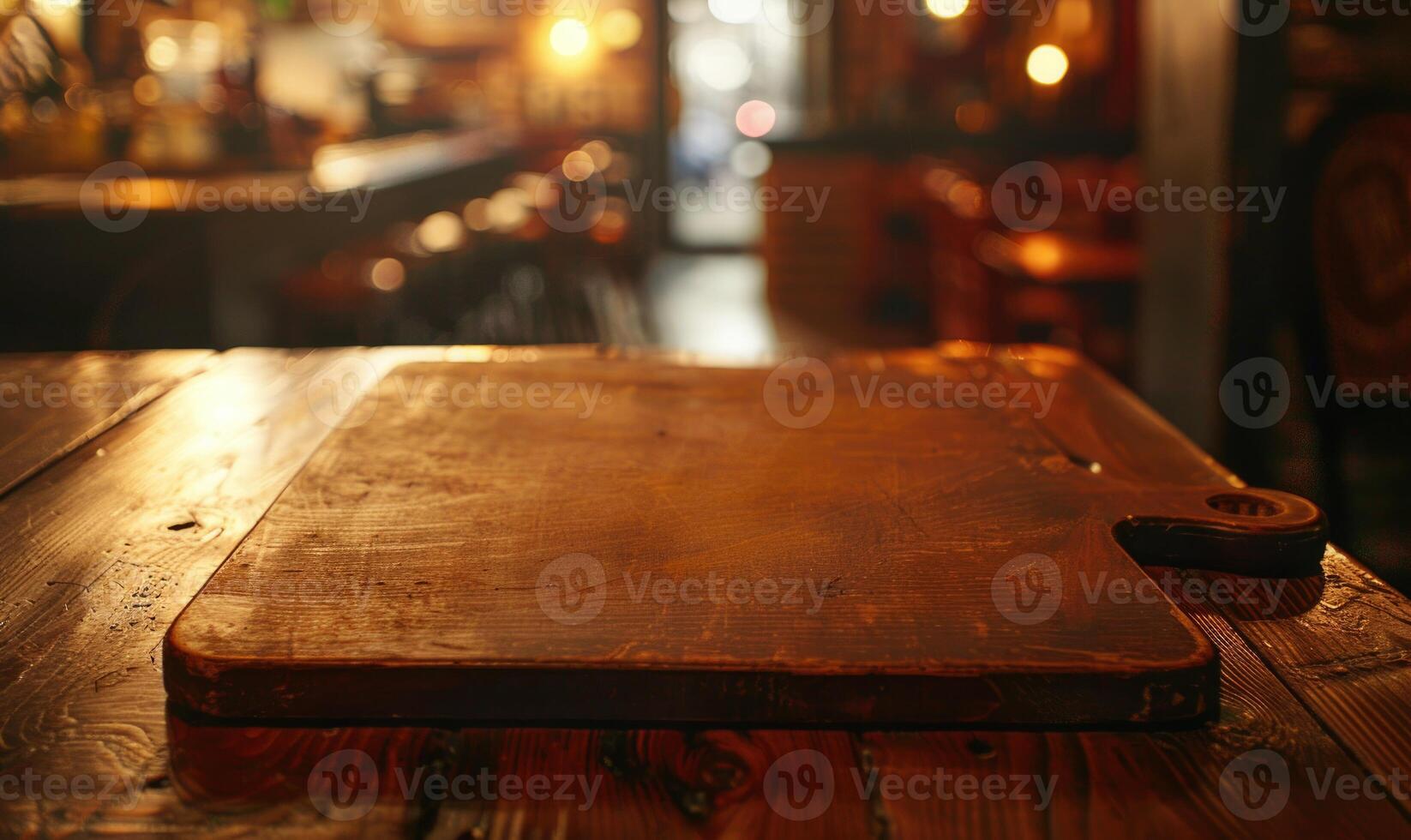 AI generated Wooden board on table in cafe, closeup. Space for text photo
