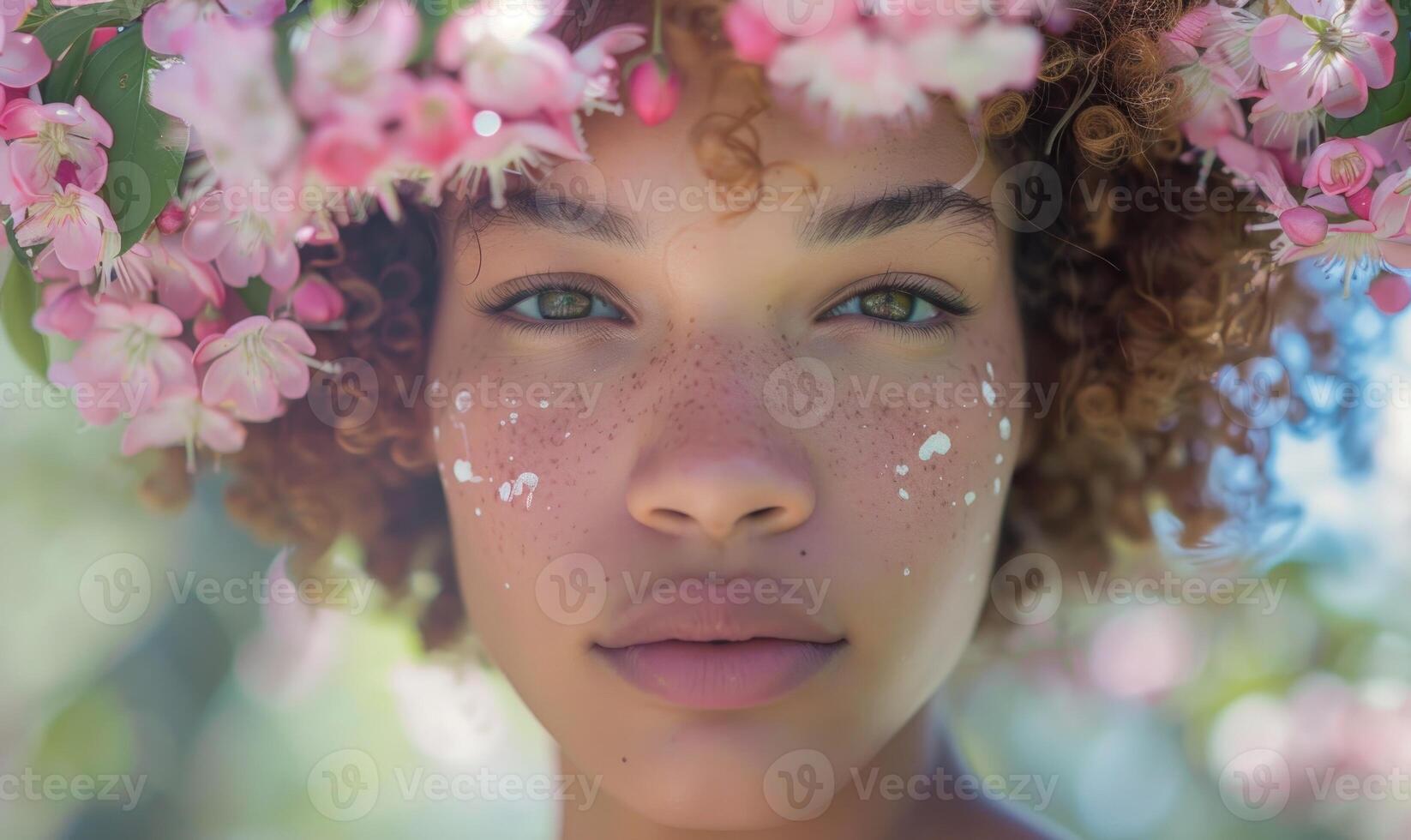 ai generado retrato de un hermosa joven africano americano mujer con flores en su pelo foto