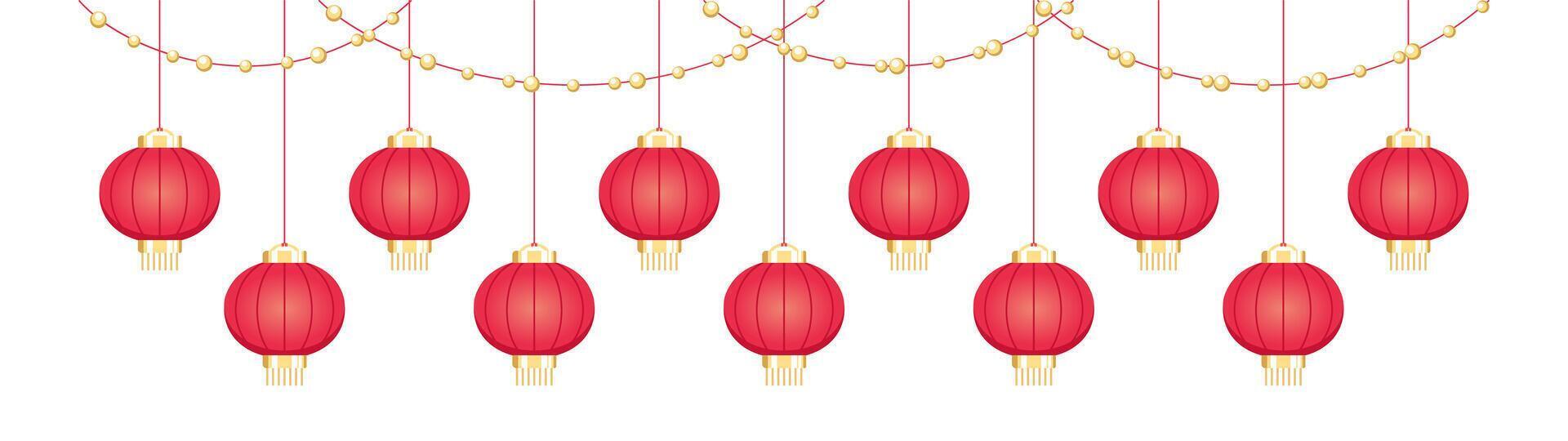 Hanging Chinese Lanterns Banner Border, Lunar New Year and Mid-Autumn Festival Decoration Graphic vector
