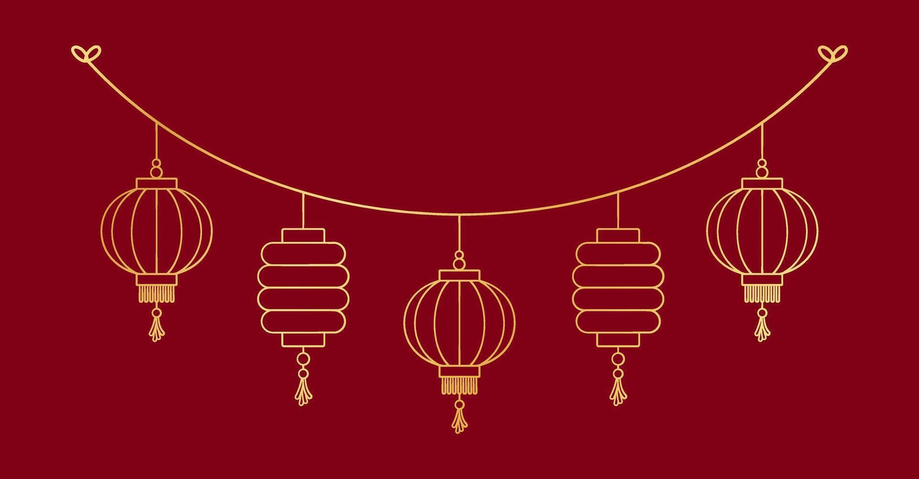 Gold Chinese Lantern Hanging Garland Outline Line Art, Lunar New Year and Mid-Autumn Festival Decoration Graphic vector