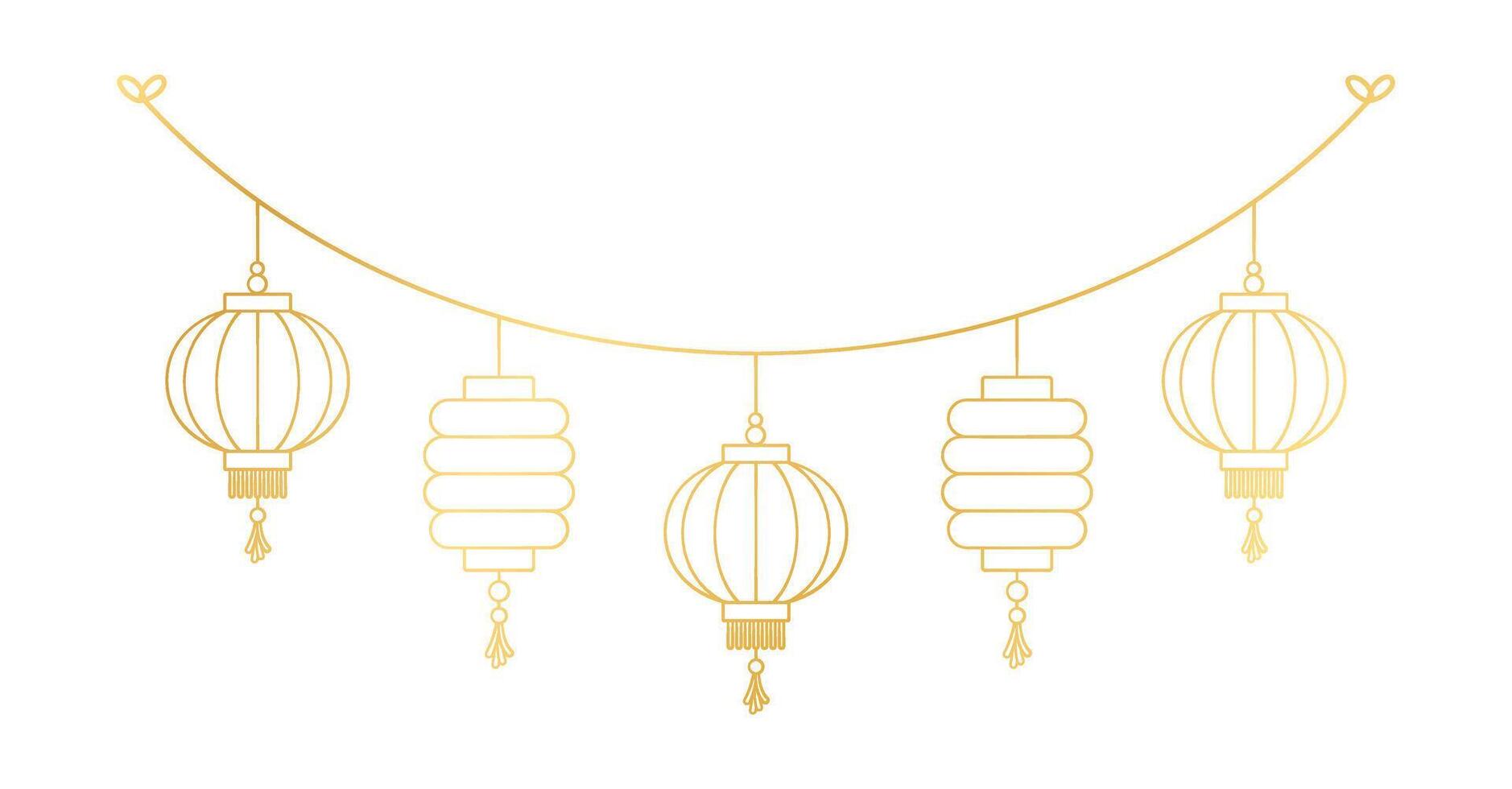 Gold Chinese Lantern Hanging Garland Outline Line Art, Lunar New Year and Mid-Autumn Festival Decoration Graphic vector