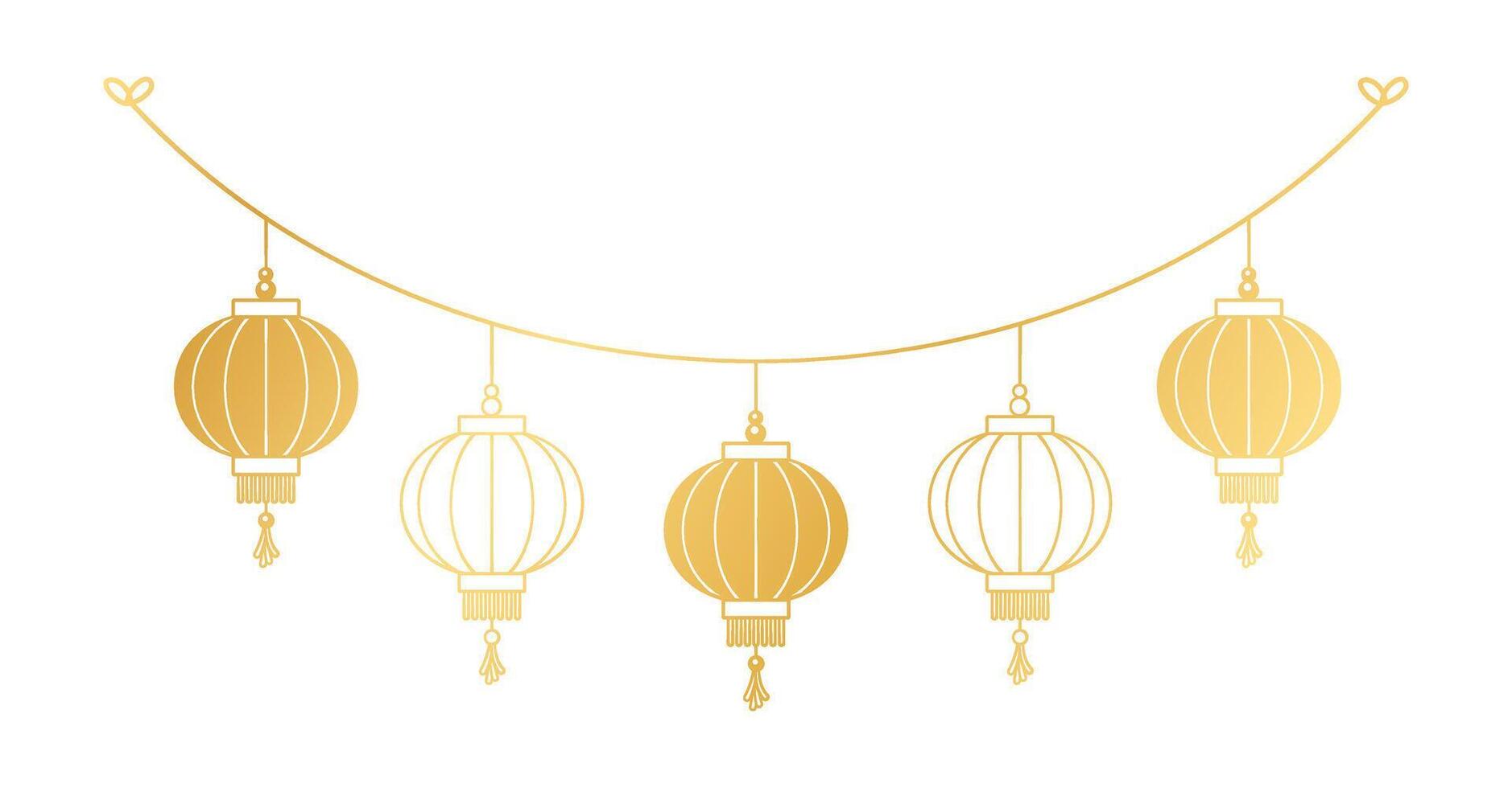 Gold Chinese Lantern Hanging Garland Silhouette, Lunar New Year and Mid-Autumn Festival Decoration Graphic vector