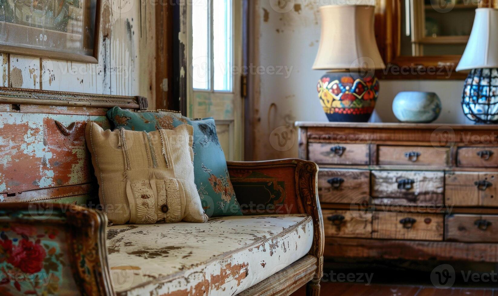 AI generated Interior of a living room with vintage furniture, armchair and plants photo