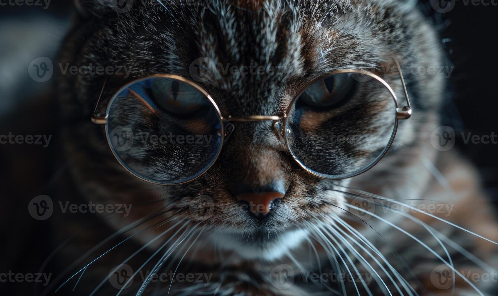 AI generated Close up portrait of a cat wearing eyeglasses on dark background photo