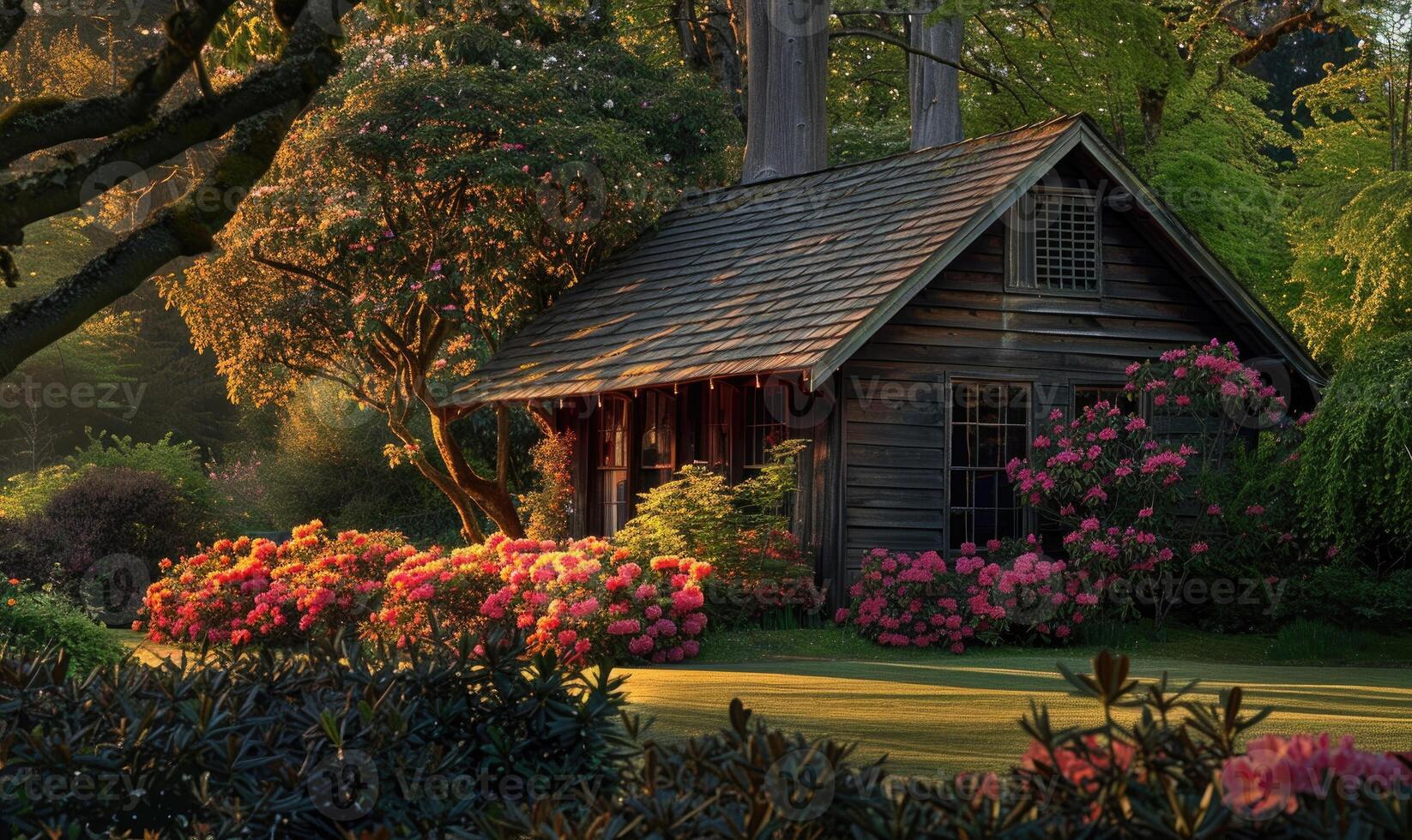 AI generated Evening glow illuminating the facade of a stylish wooden cabin nestled among blooming azaleas and rhododendrons in a spring garden photo