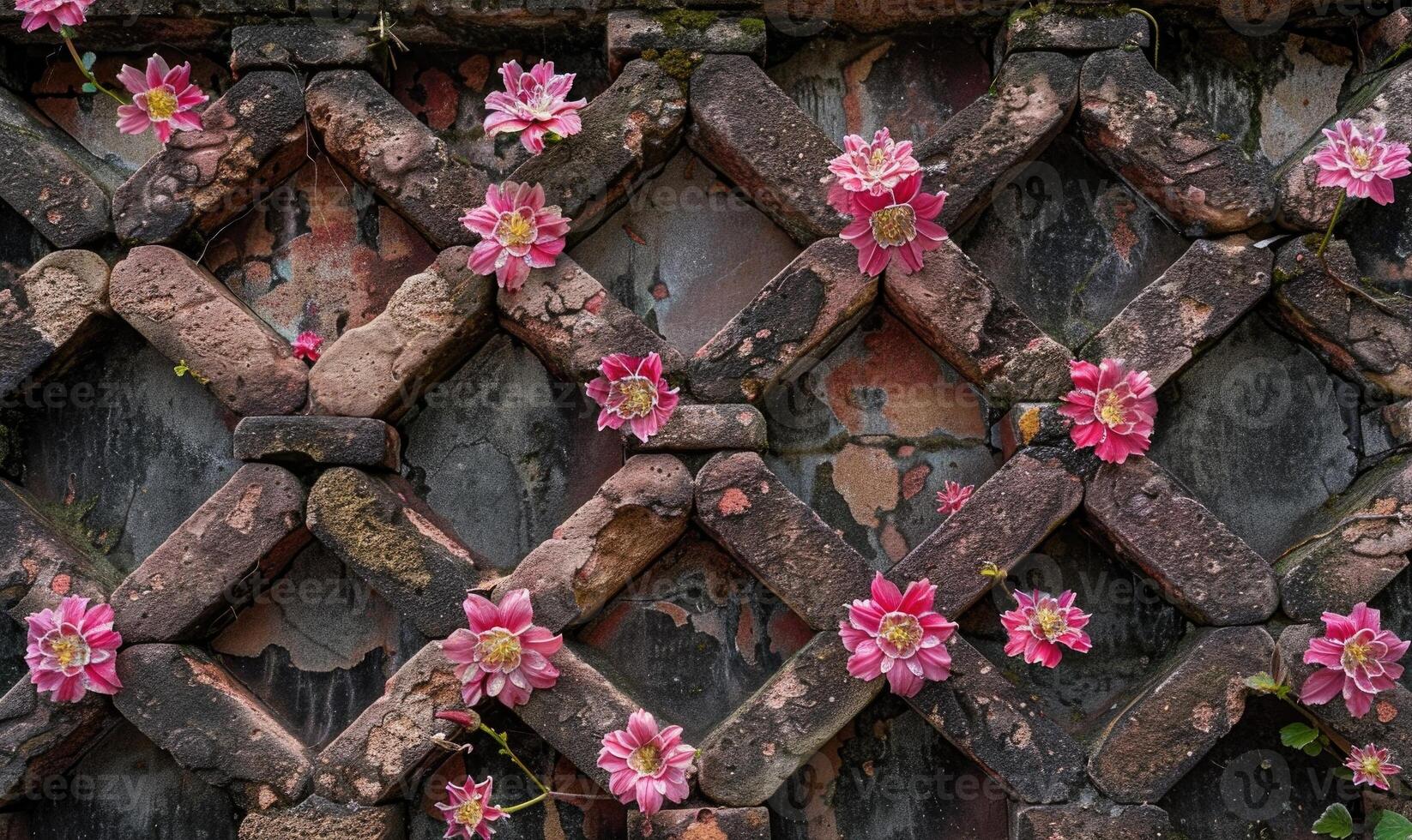 AI generated Old brick wall with decorative flower pattern. Abstract background and texture for design. photo
