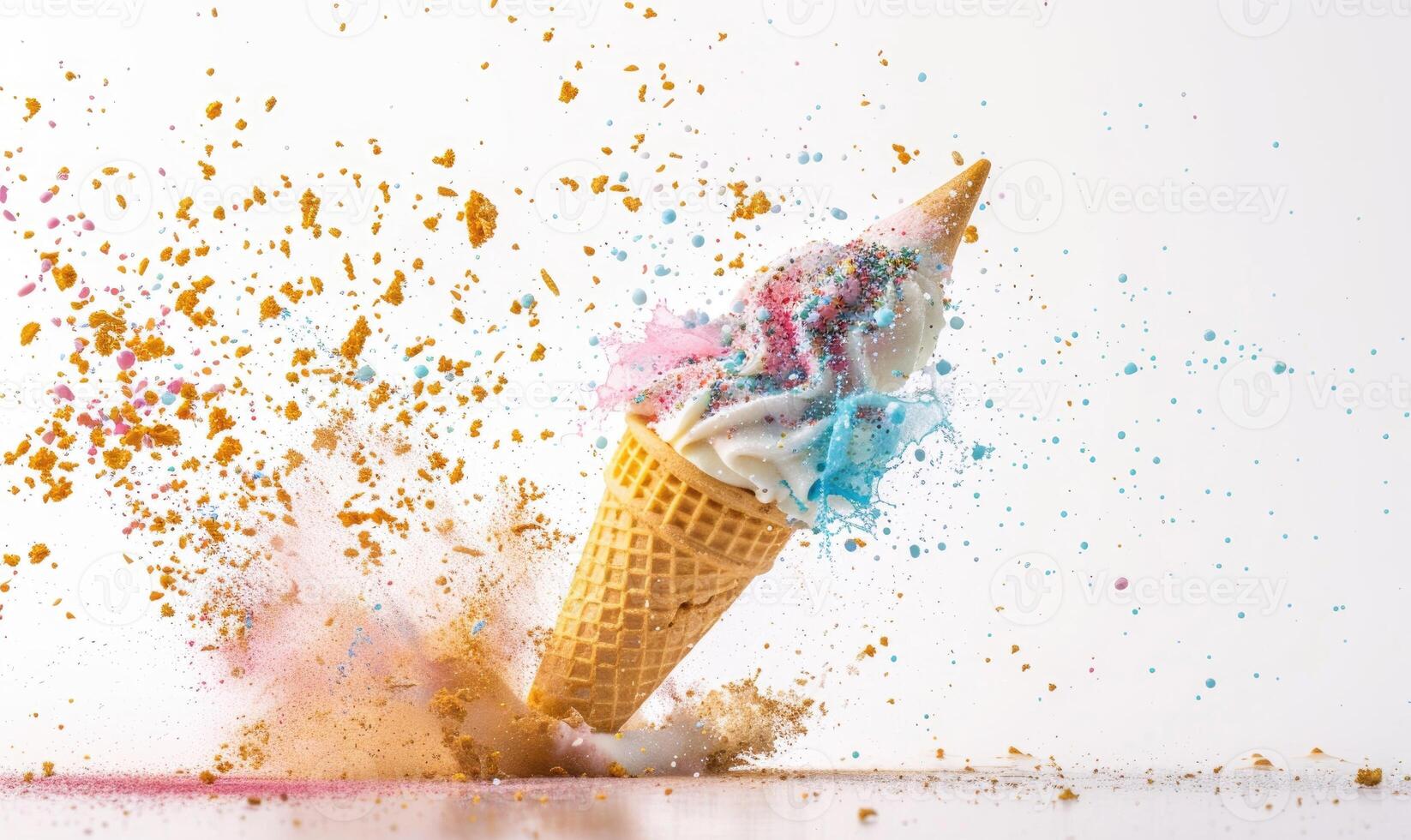 AI generated Ice cream cone explosion on white background photo