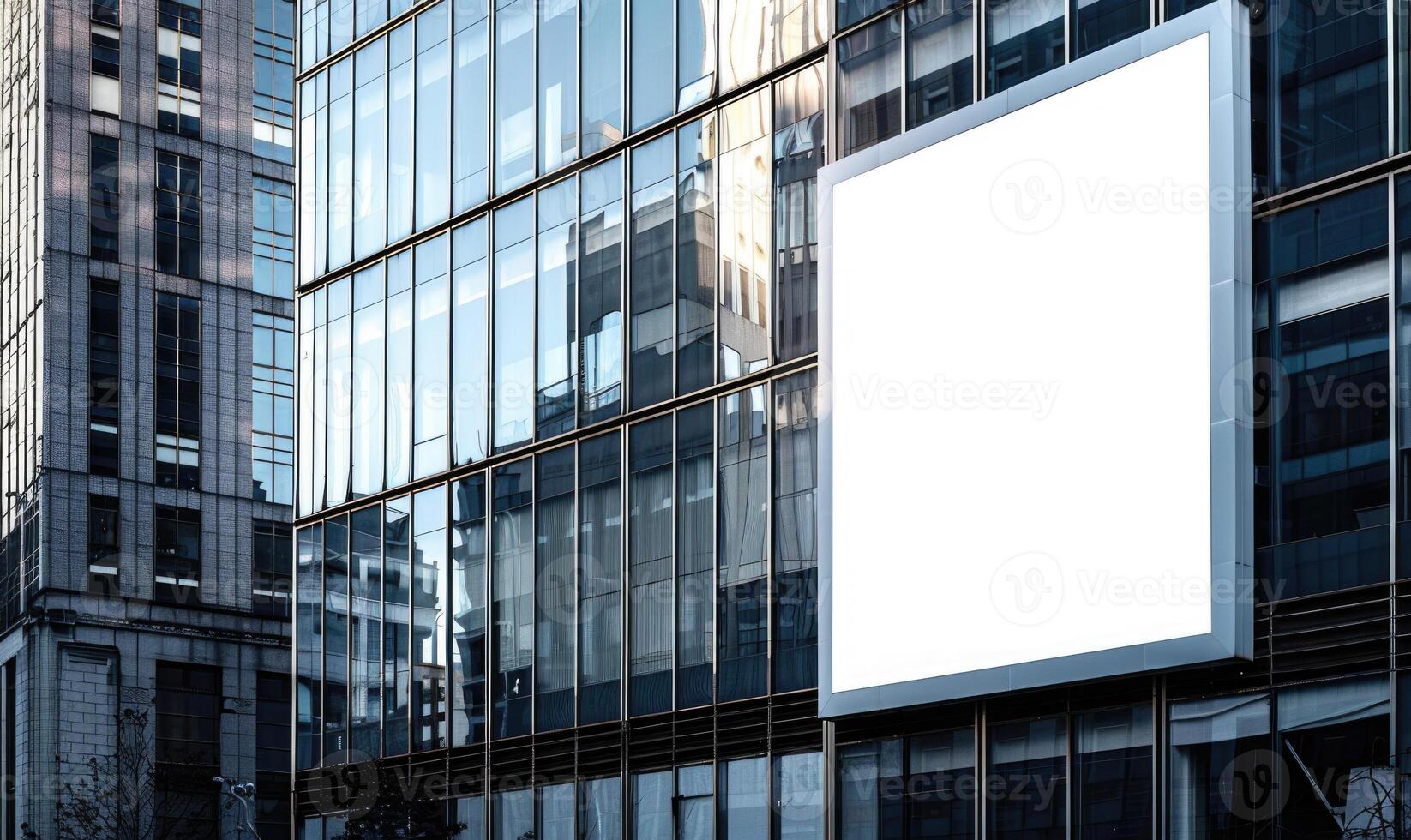 AI generated Blank screen banner mockup displayed on the modern building facade. Close Up view. photo