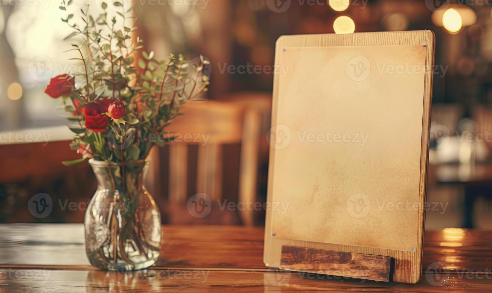 AI generated Empty wooden board on table in cafe, closeup. Space for text. Mock up for menu or design photo