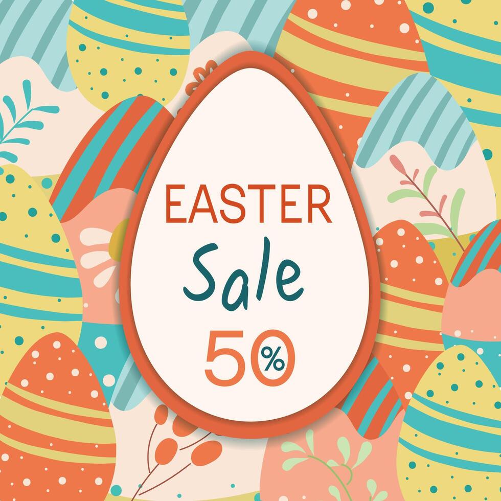 Banner of Happy Easter Sale. Trendy pastel design with typography, hand painted plants and eggs. Colorful flat vector template, greeting card, poster, holiday cover in minimalist style