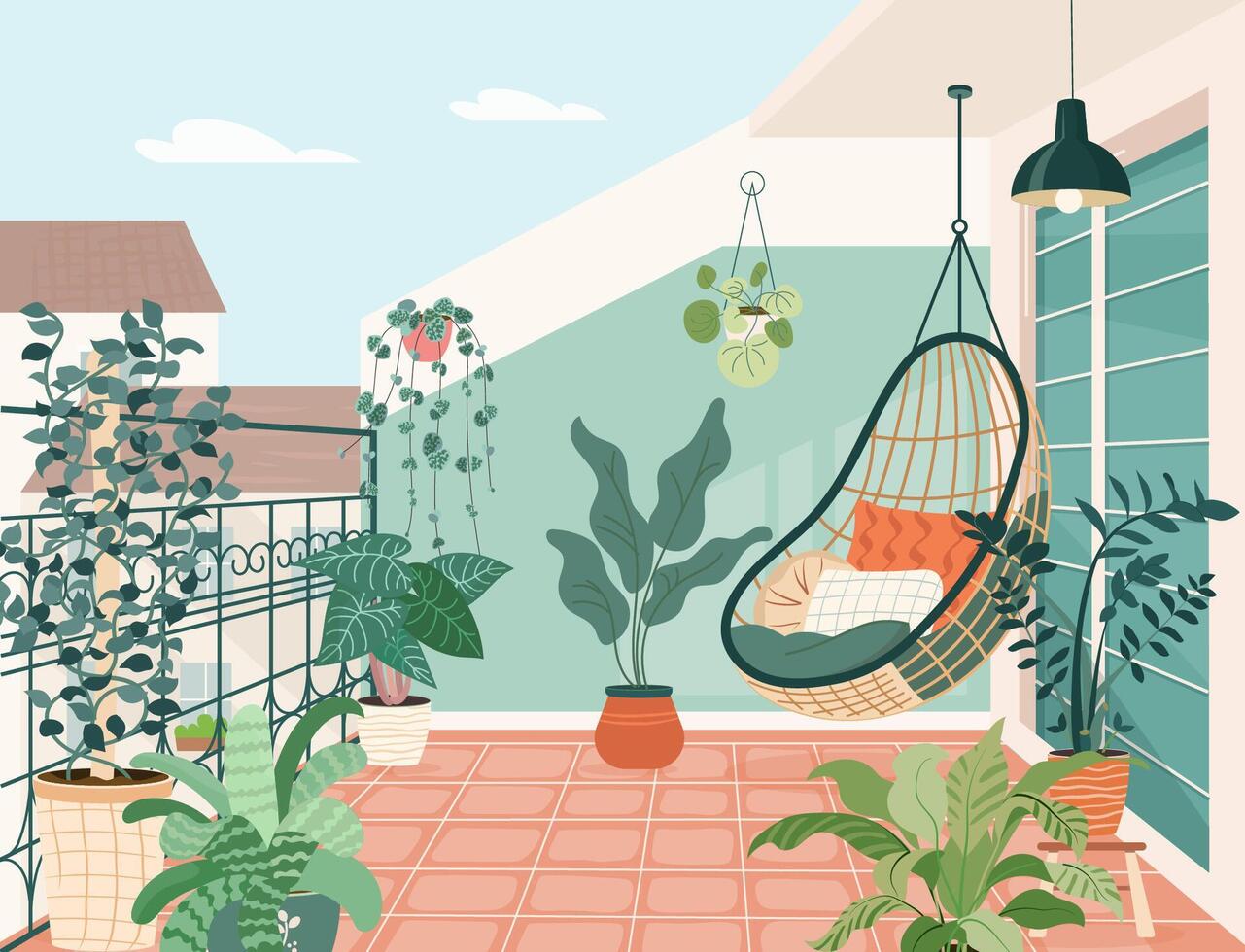Cozy balcony garden with potted green plants. Terrace eco-style interior design with rattan wicker chair, houseplants in flowerpots, greenery. Urban house jungle on veranda. Flat vector illustration