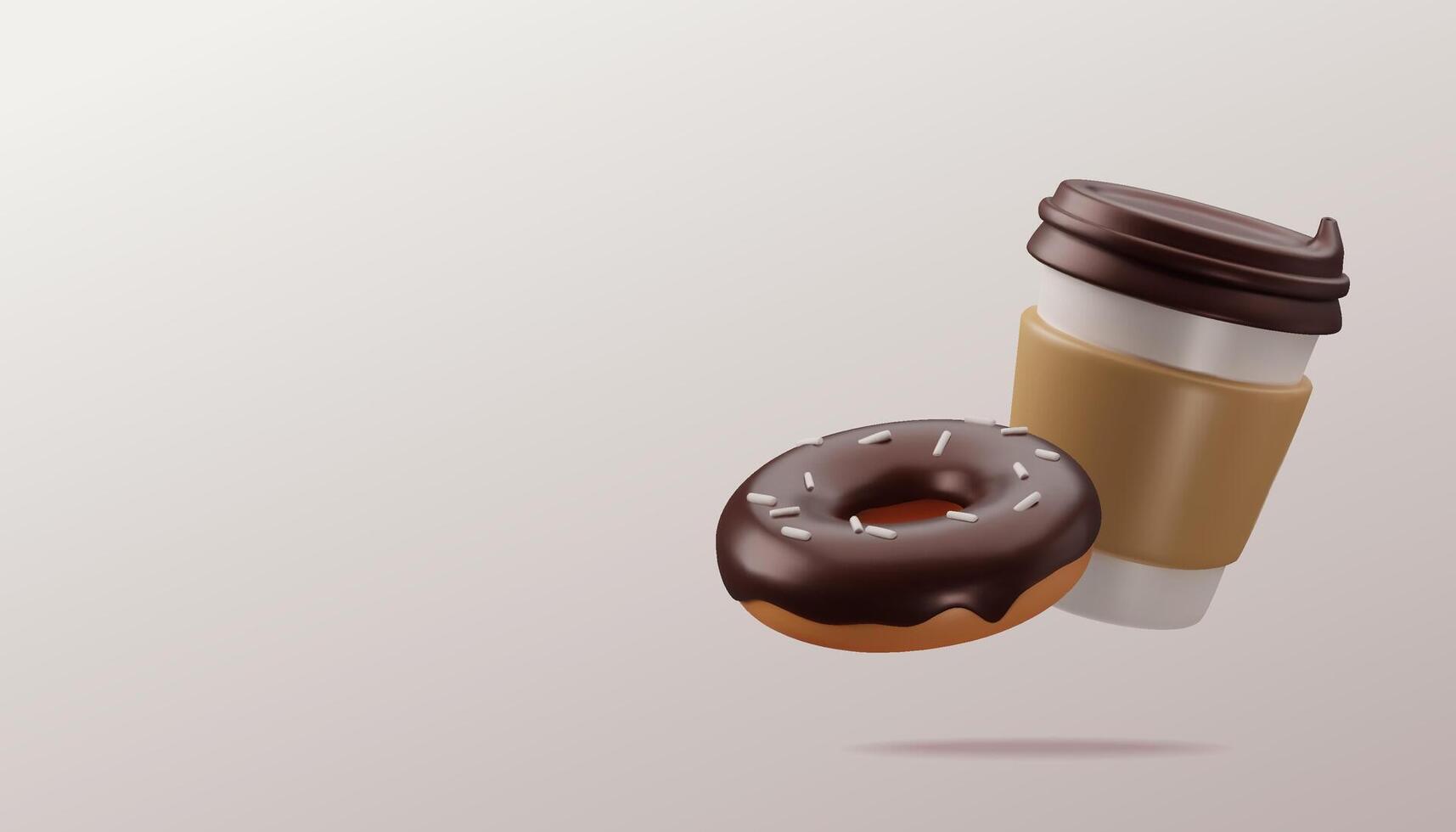 Cartoon paper cup of coffee and sweet tasty donut with chocolate glaze on background with place for text. Have a break banner. Takeaway coffee or tea to go or delivery food concept Vector illustration