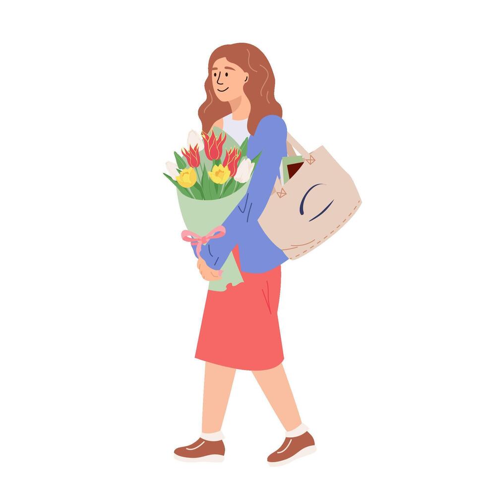 joven mujer participación racimos de floreciente flores niña personaje con ramo de flores de tulipanes vector plano ilustración para regalo, amor concepto, De las mujeres día, San Valentín día