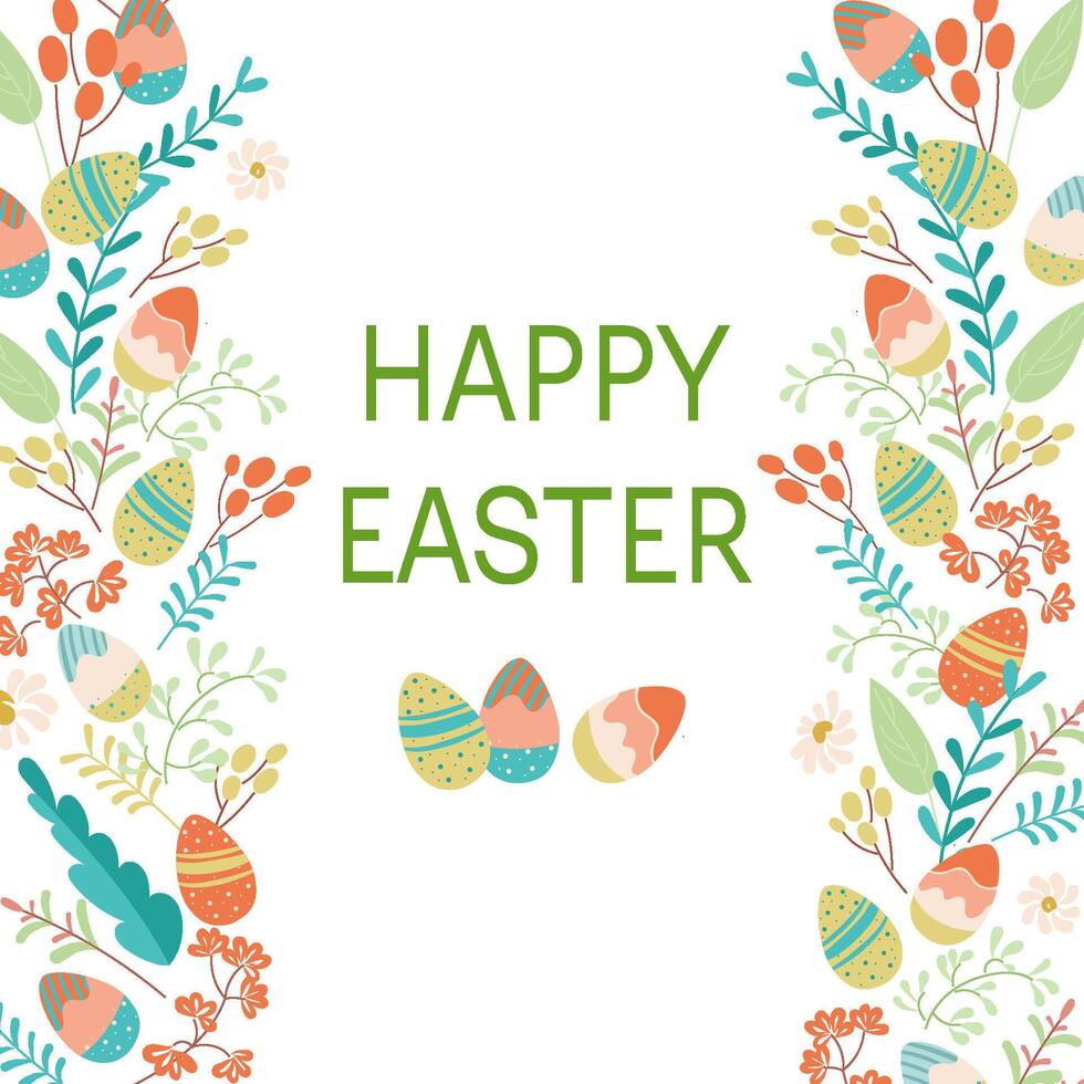 Happy Easter greeting card. Cute spring background with eggs and plants, flowers. Colorful flat vector templates for social media post, online advertising, flyer, invitation square design