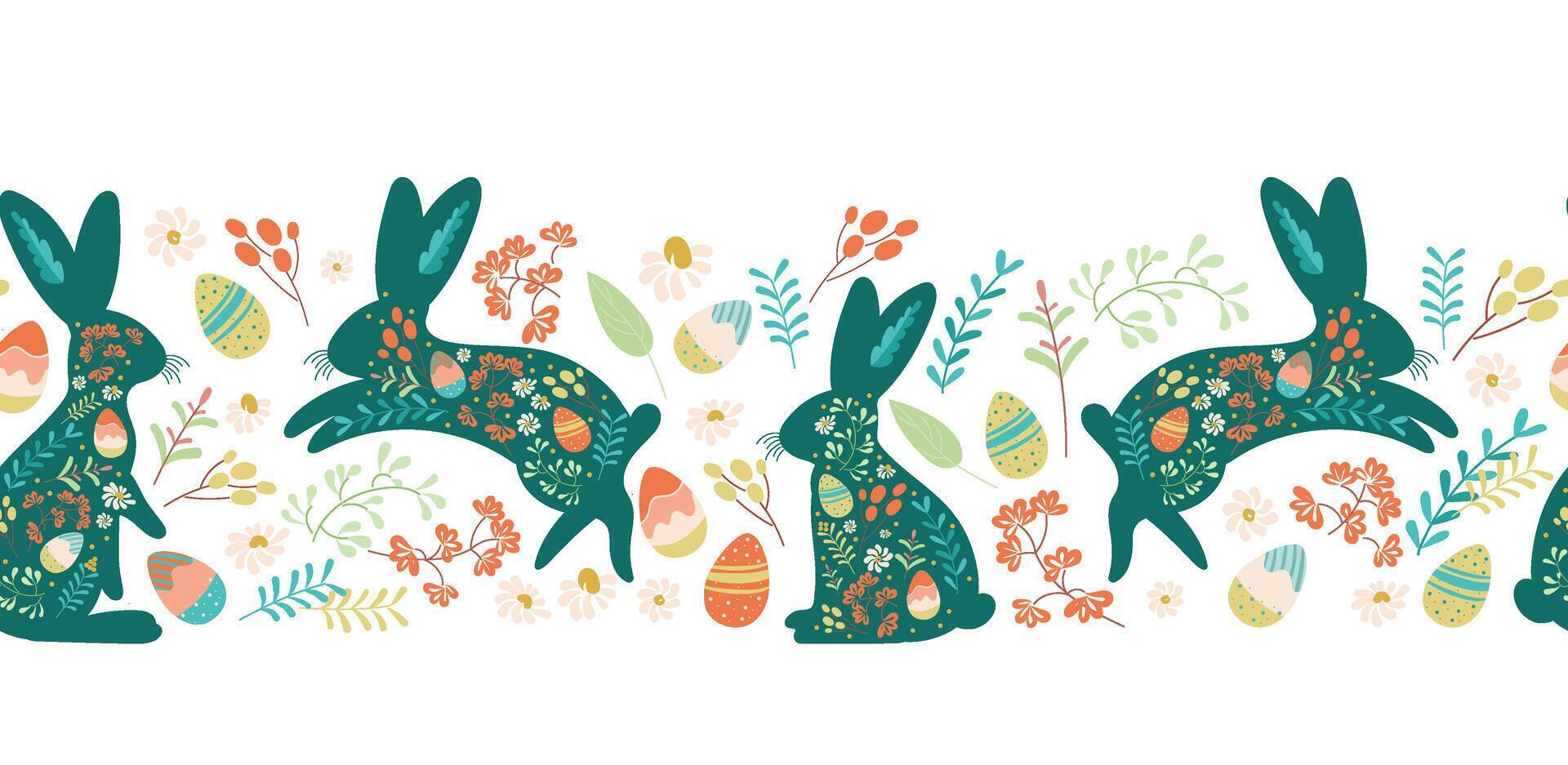 Easter seamless border with bunnies and eggs in flower meadow on transparent background. Lovely hand drawn horizontal seamless pattern, cute doodle eggs, great for textiles, banners, wallpaper vector