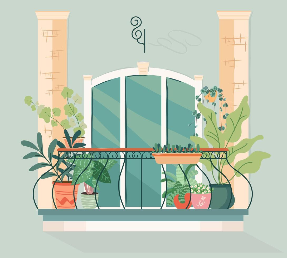 Modern balcony with green plants in pots. Cozy balcony garden with greenery Vector design of house and apartment building facade architecture element. Balcony retreat. Urban house jungle on veranda.