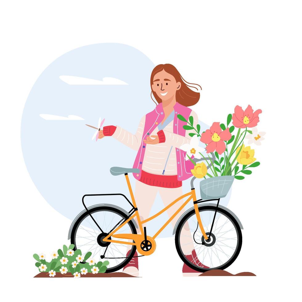 Springtime illustration of happy girl dressed in fashionable clothes stands next to bicycle with a bouquet of flowers in the front basket. Charming young hipster girl with bicycle. Spring flat vector