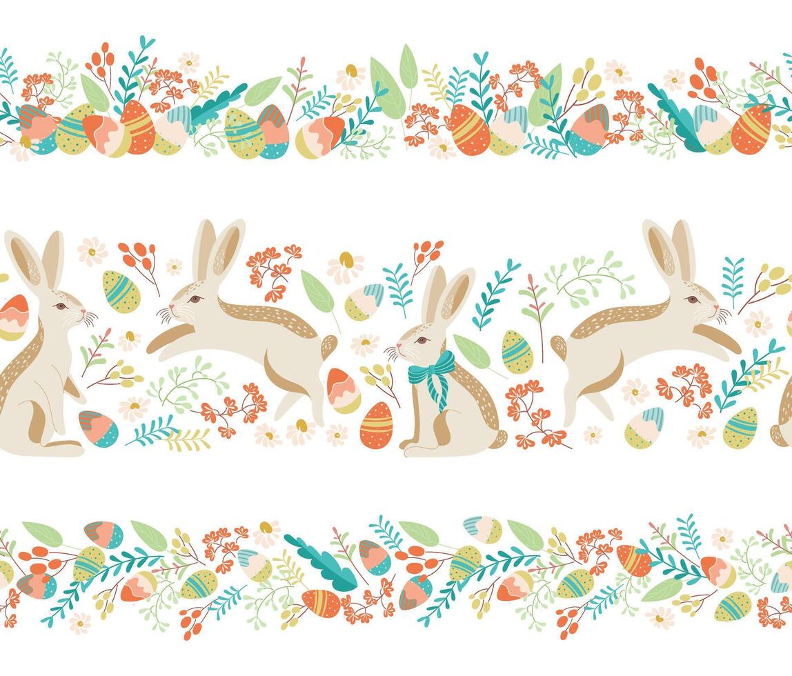 Set of Easter seamless borders with bunnies and eggs in flower meadow on transparent background. Lovely hand drawn horizontal seamless pattern, cute doodle eggs, great for textiles, banners, wallpaper vector