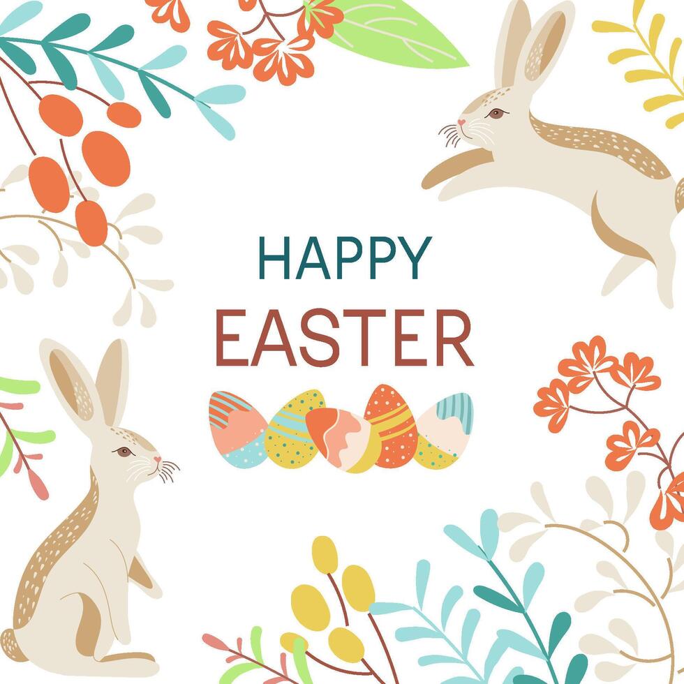 Happy Easter greeting card. Cute spring background with rabbits, eggs, flowers. Colorful flat vector templates for social media post, online advertising, flyer, invitation square design