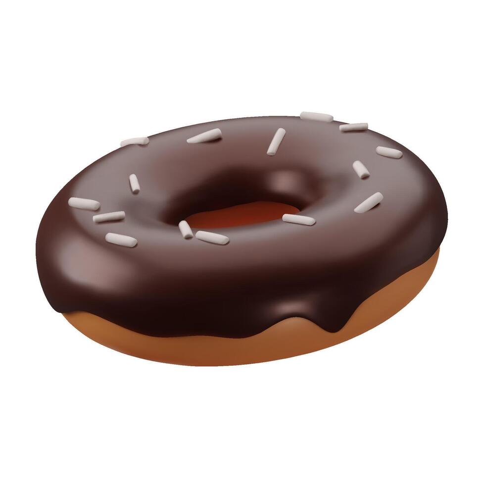 3d realistic donut with chocolate glaze and sprinkles. Glossy plastic three dimentional cute food icon. Render sweet food design. Vector illustration isolated on white background