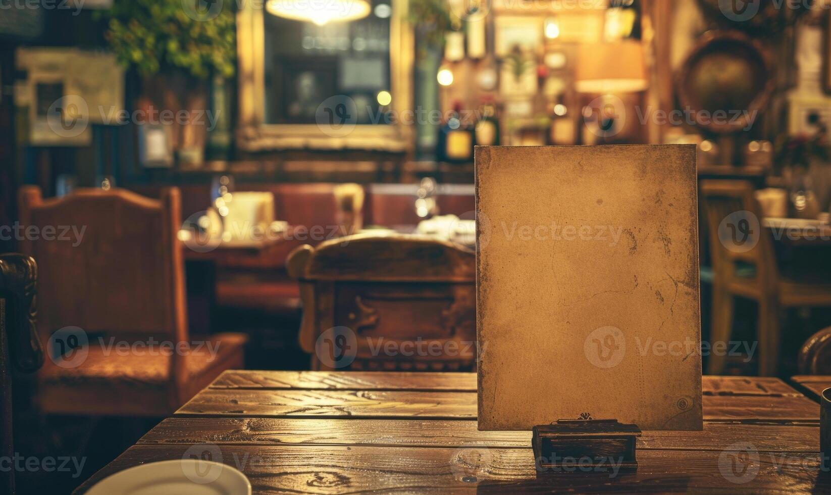 AI generated Blank frame on wooden table in cafe. Mockup for design photo