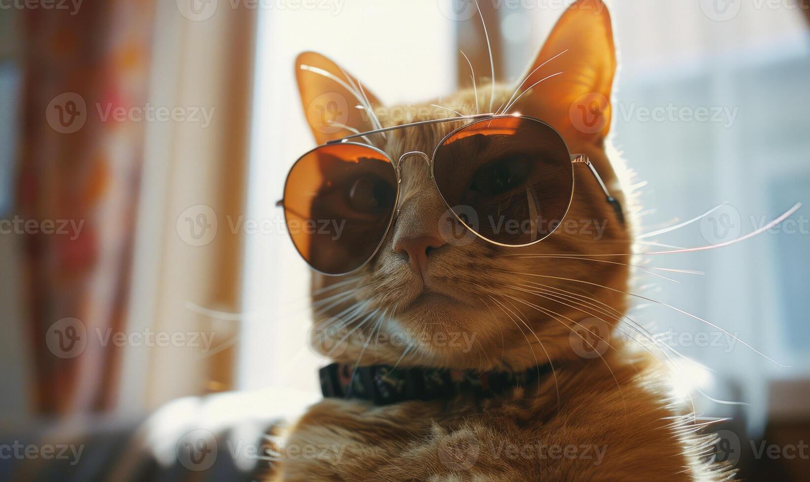 AI generated Cute ginger cat wearing sunglasses sitting on window sill and looking at camera photo