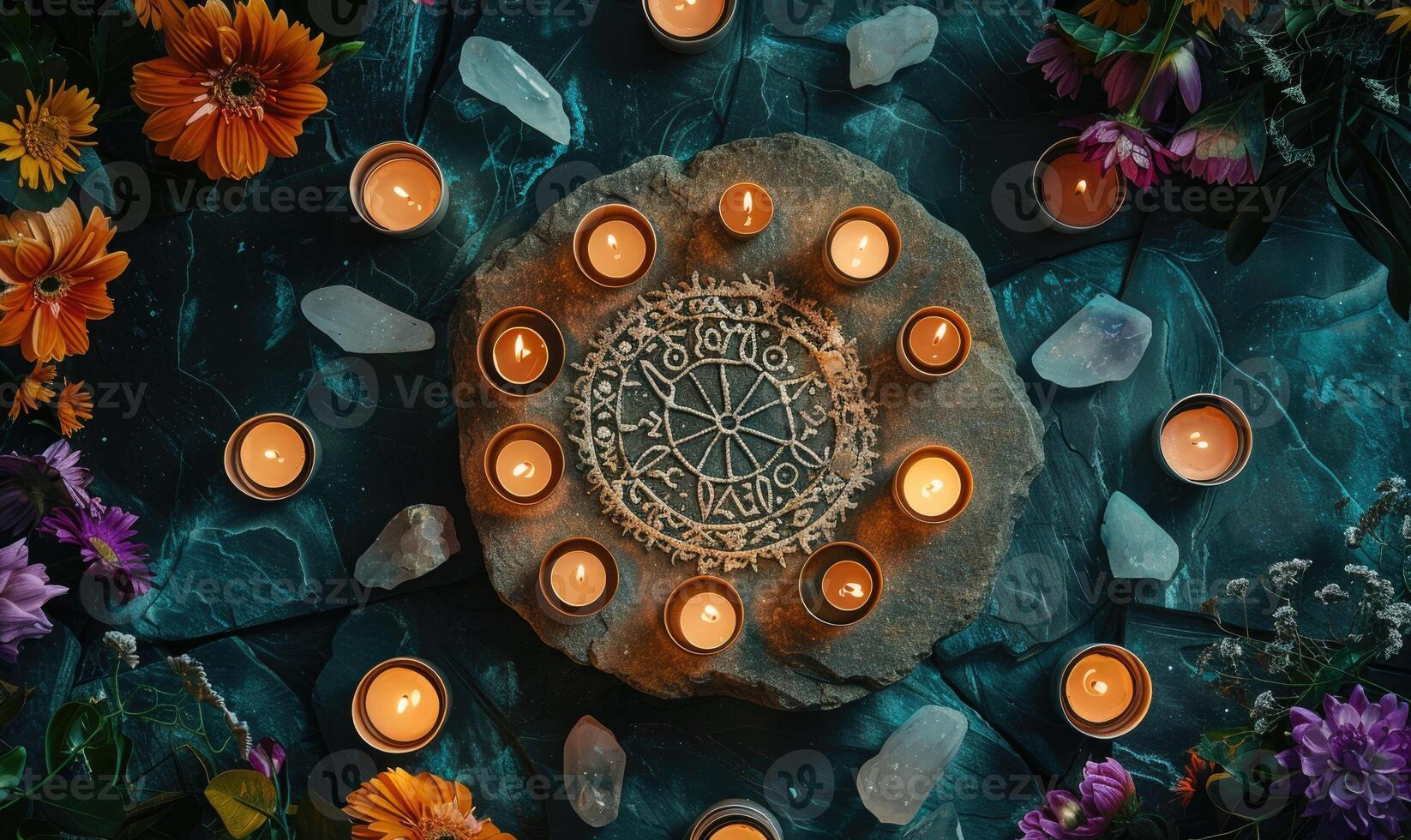 AI generated Zodiac signs on a stone plate with candles and flowers photo
