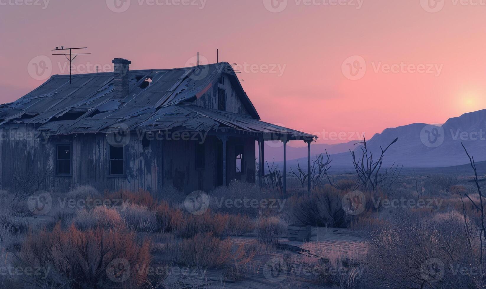 AI generated Abandoned house in the desert at sunset. photo